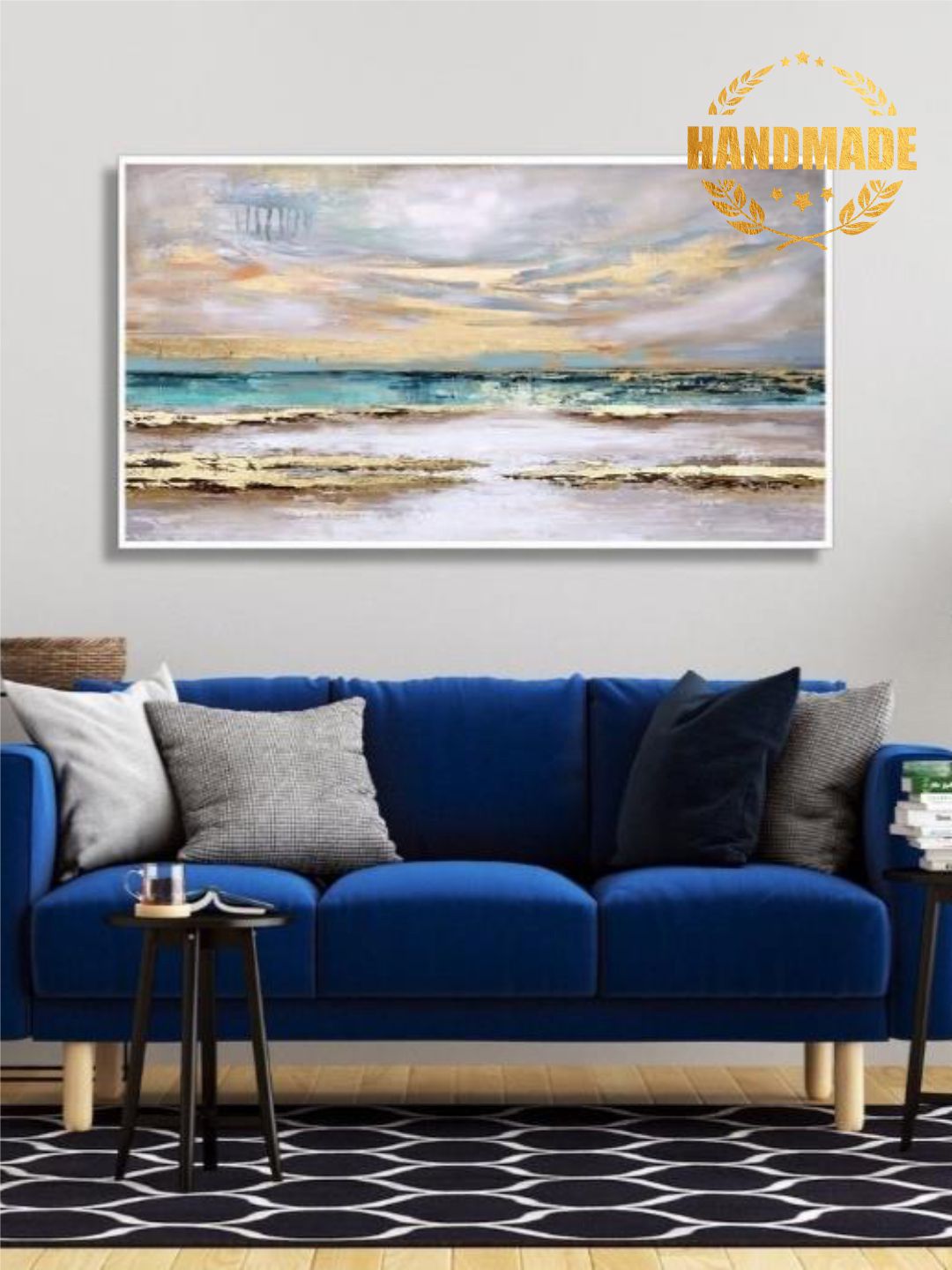 

THE HANDMADE FLAIR Blue & Grey Abstract Painted Wall Art