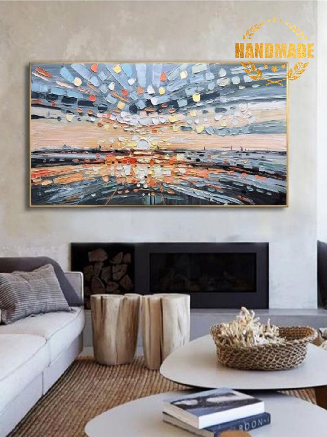 

THE HANDMADE FLAIR Blue & Beige Abstract Painted Wall Art