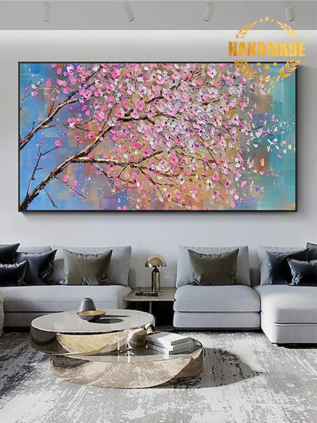 

THE HANDMADE FLAIR Pink & Blue Abstract Painting Framed Wall Art