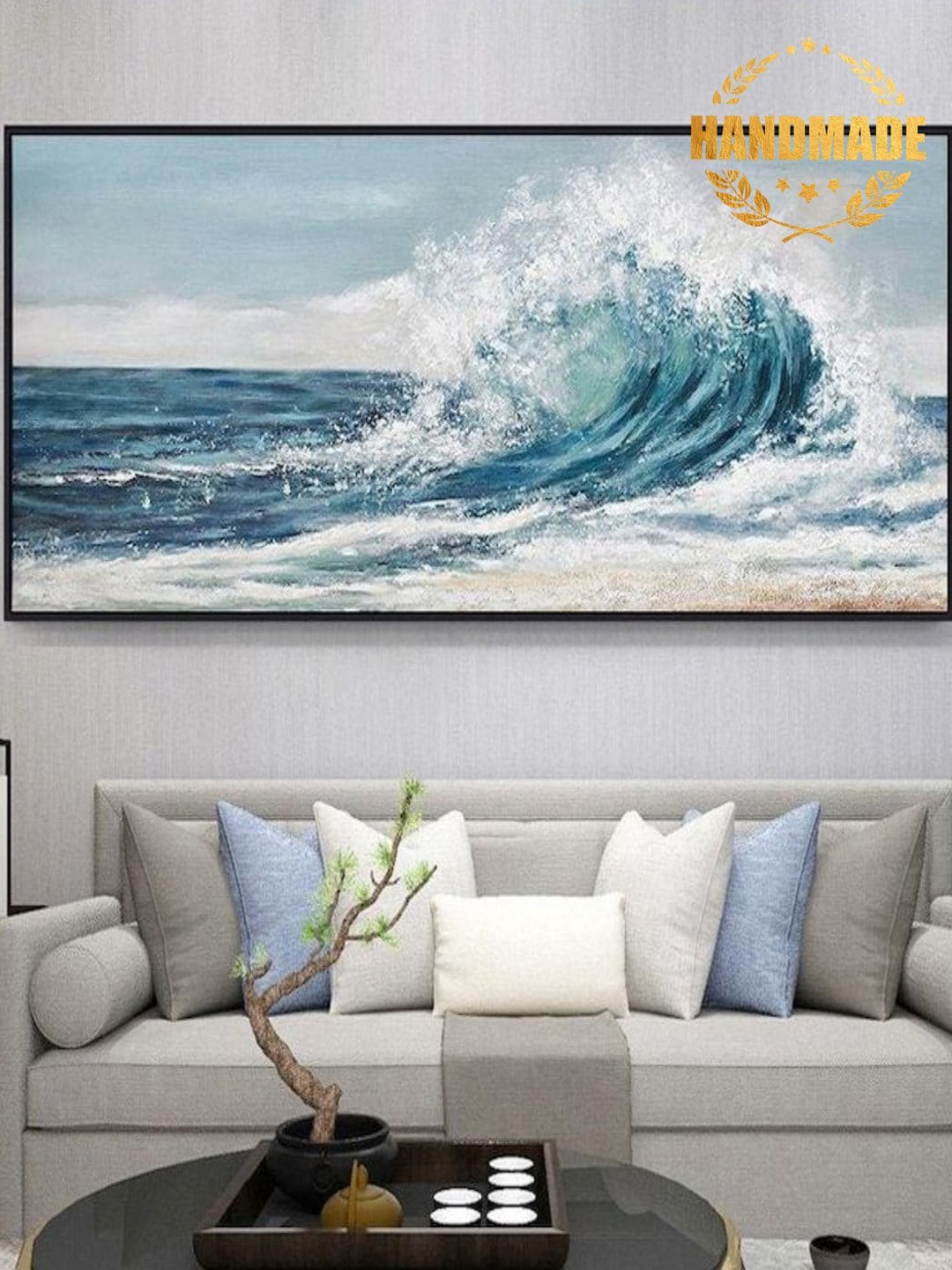 

THE HANDMADE FLAIR Blue & White Abstract Painting Wall Art
