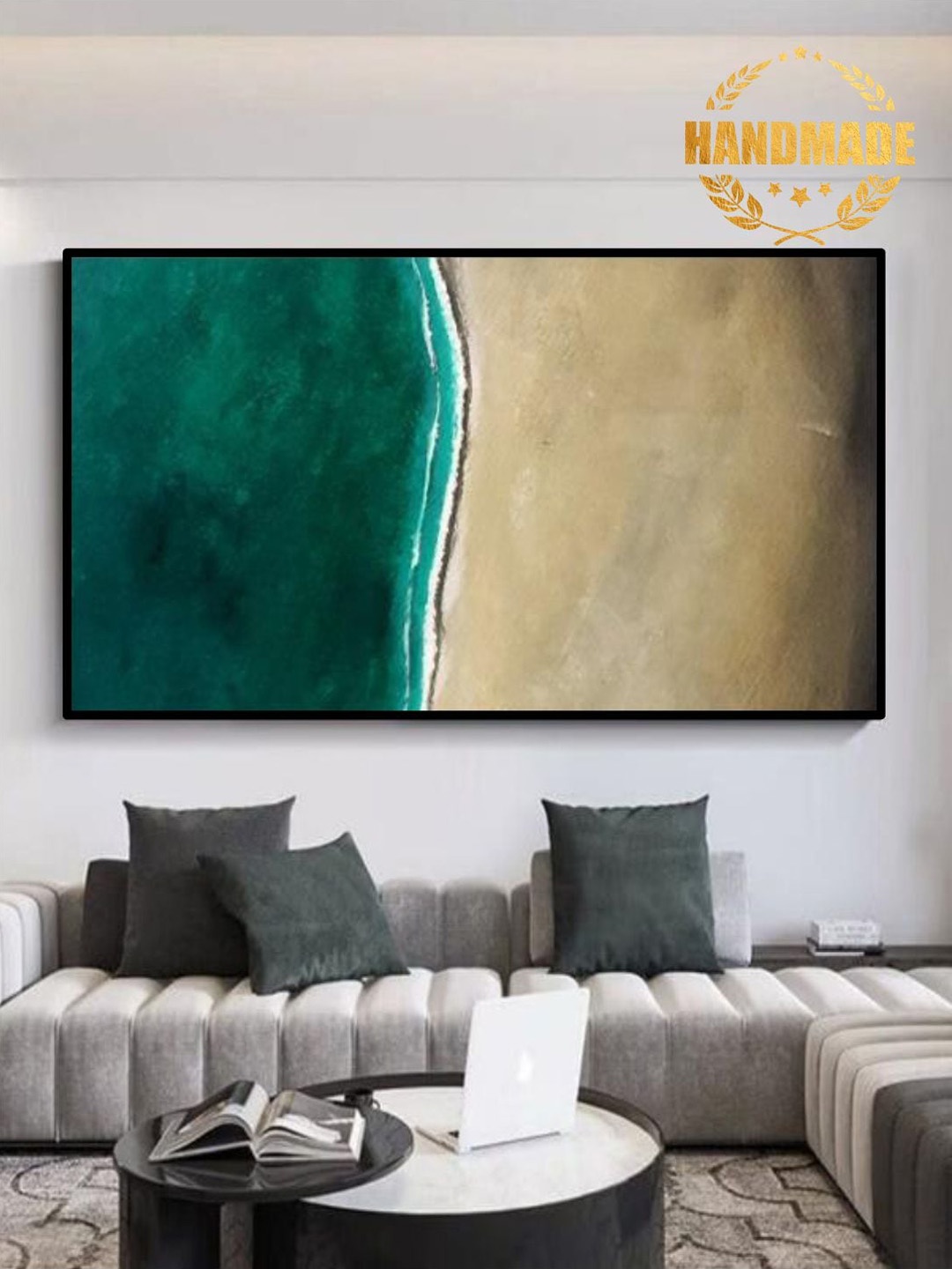 

THE HANDMADE FLAIR Sea Green & Beige Painted Wall Art