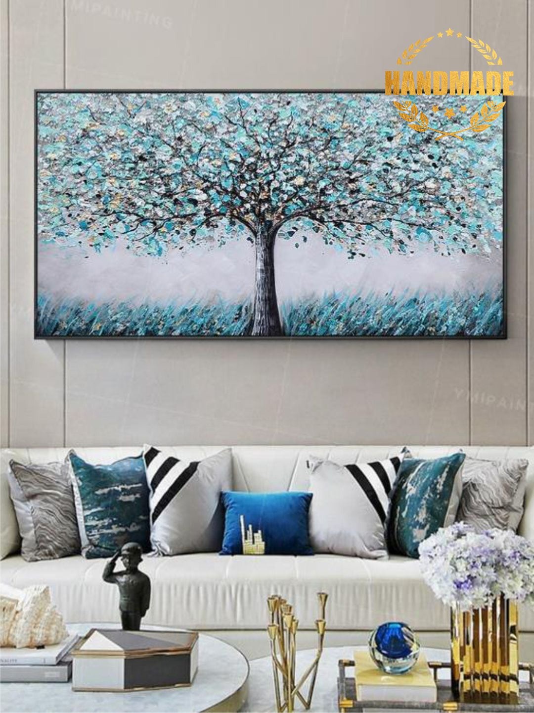

THE HANDMADE FLAIR Blue & Grey Abstract Painted Wall Art