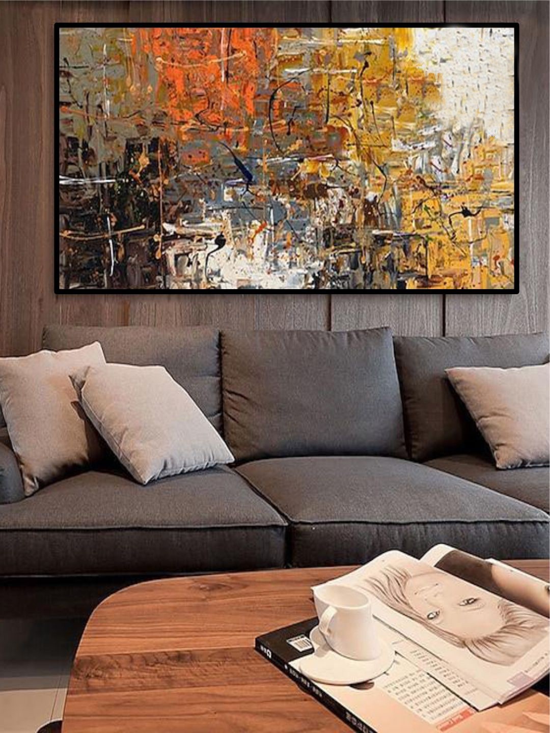 

THE HANDMADE FLAIR Yellow & Black Abstract Painting Wall Art