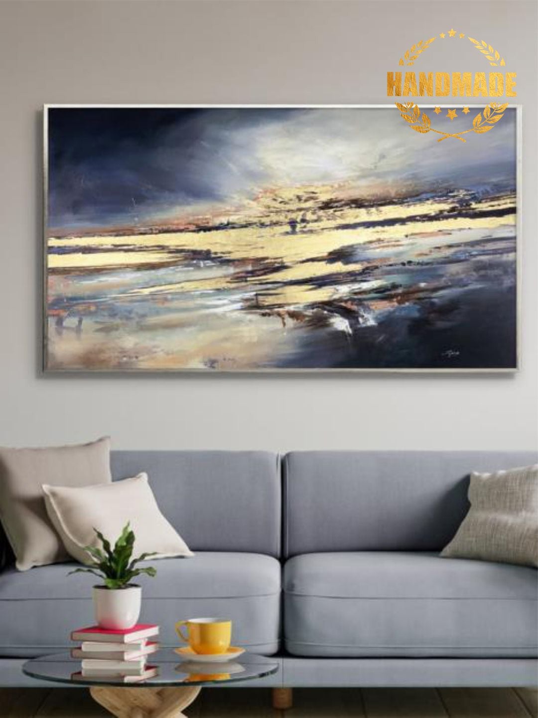 

THE HANDMADE FLAIR Blue & Beige Abstract Painted Wall Art