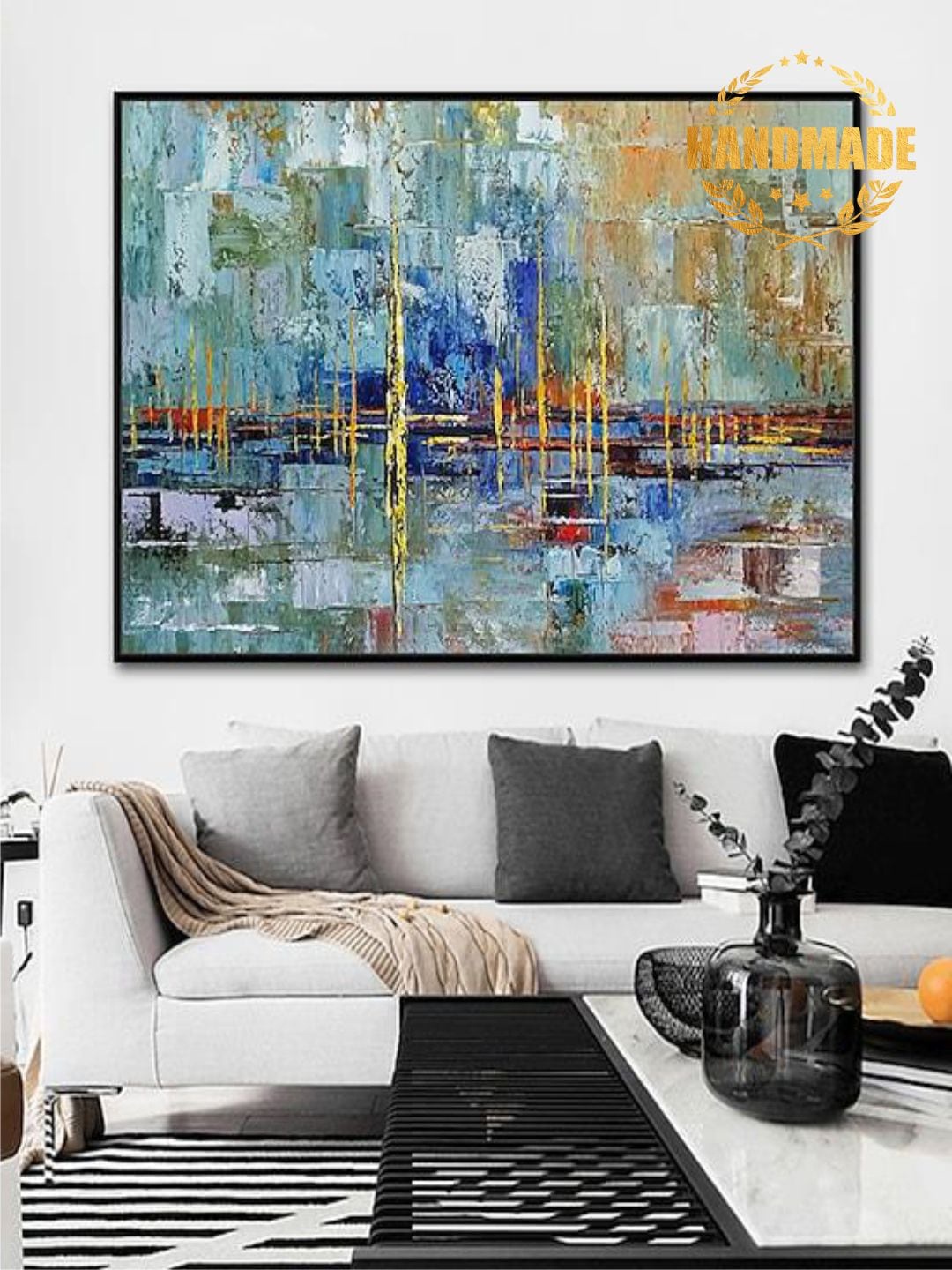 

THE HANDMADE FLAIR Blue & Green Abstract Painted Wall Art
