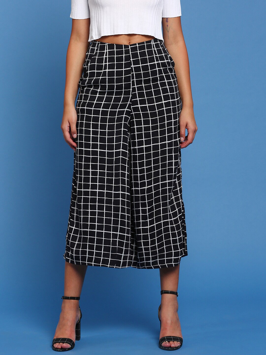

De Moza Women Checked Wide Leg Palazzos, Black