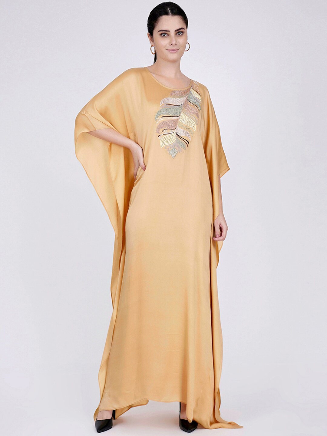 

First Resort by Ramola Bachchan Embroidered Kimono Sleeve Kaftan Maxi Dress, Gold