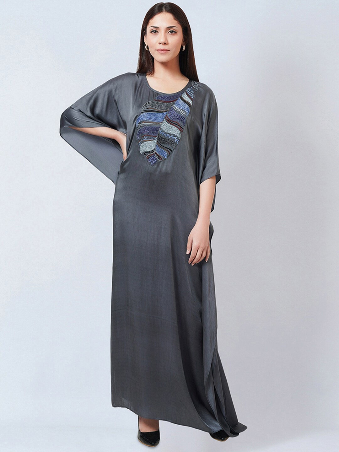 

First Resort by Ramola Bachchan Embroidered Satin Maxi Kaftan Dress, Grey
