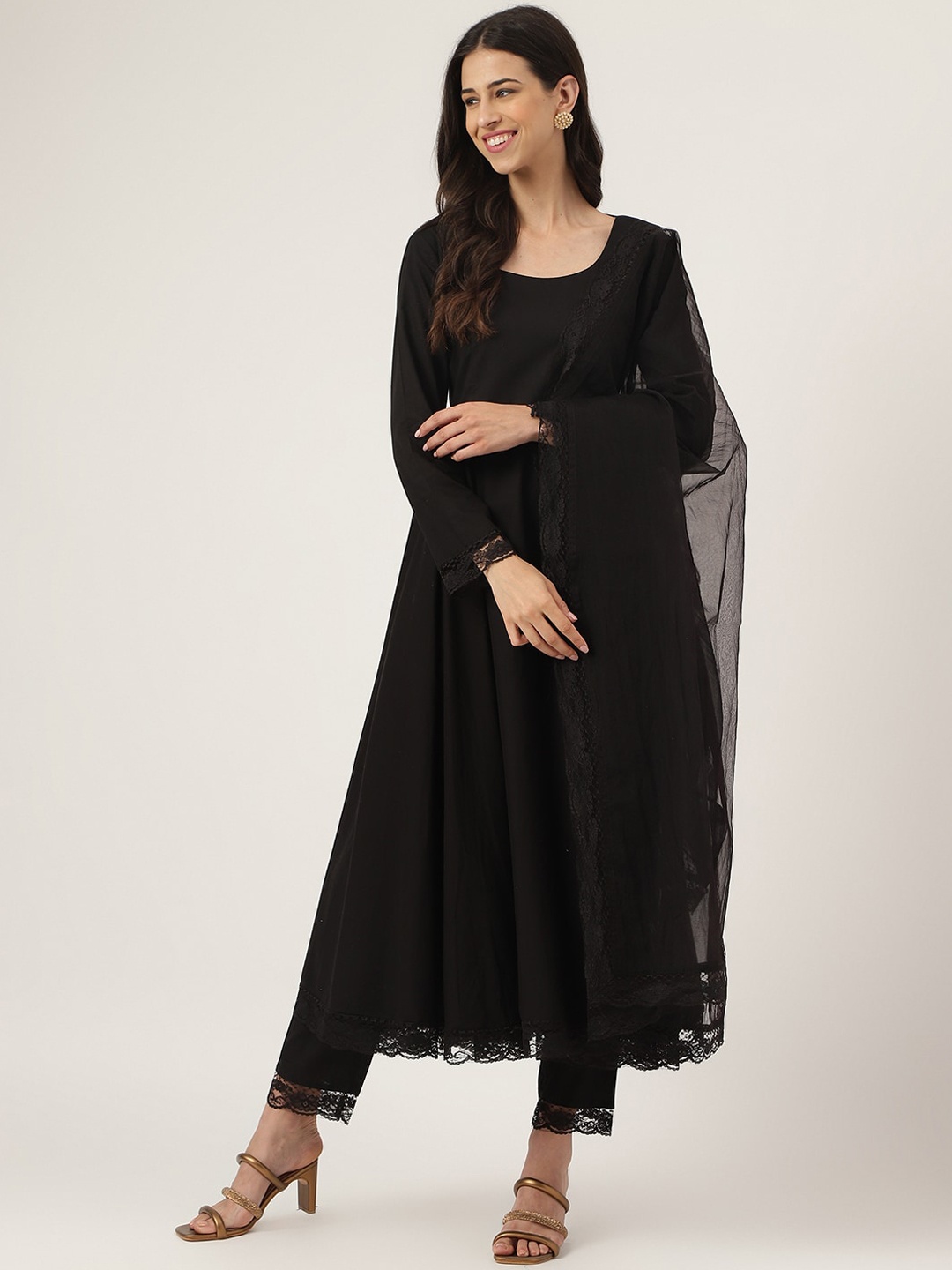 

Divena Anarkali Pure Cotton Kurta With Trousers & Dupatta, Black