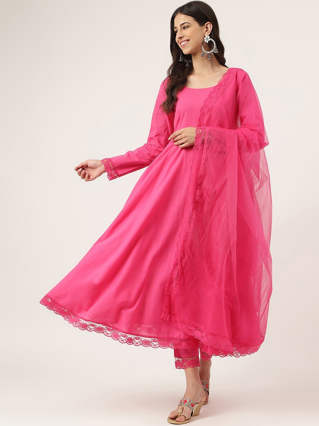 

Divena Anarkali Pure Cotton Kurta With Trousers & Dupatta, Pink