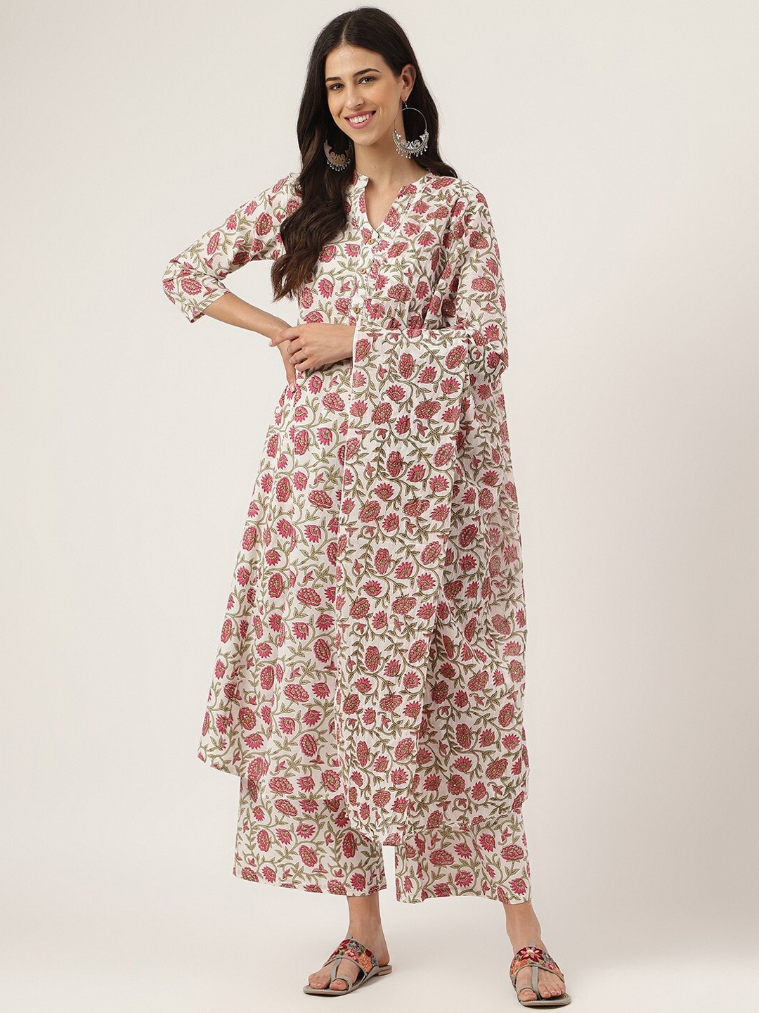 

Divena Floral Printed Mandarin Collar Pure Cotton Anarkali Kurta With Palazzos & Dupatta, White