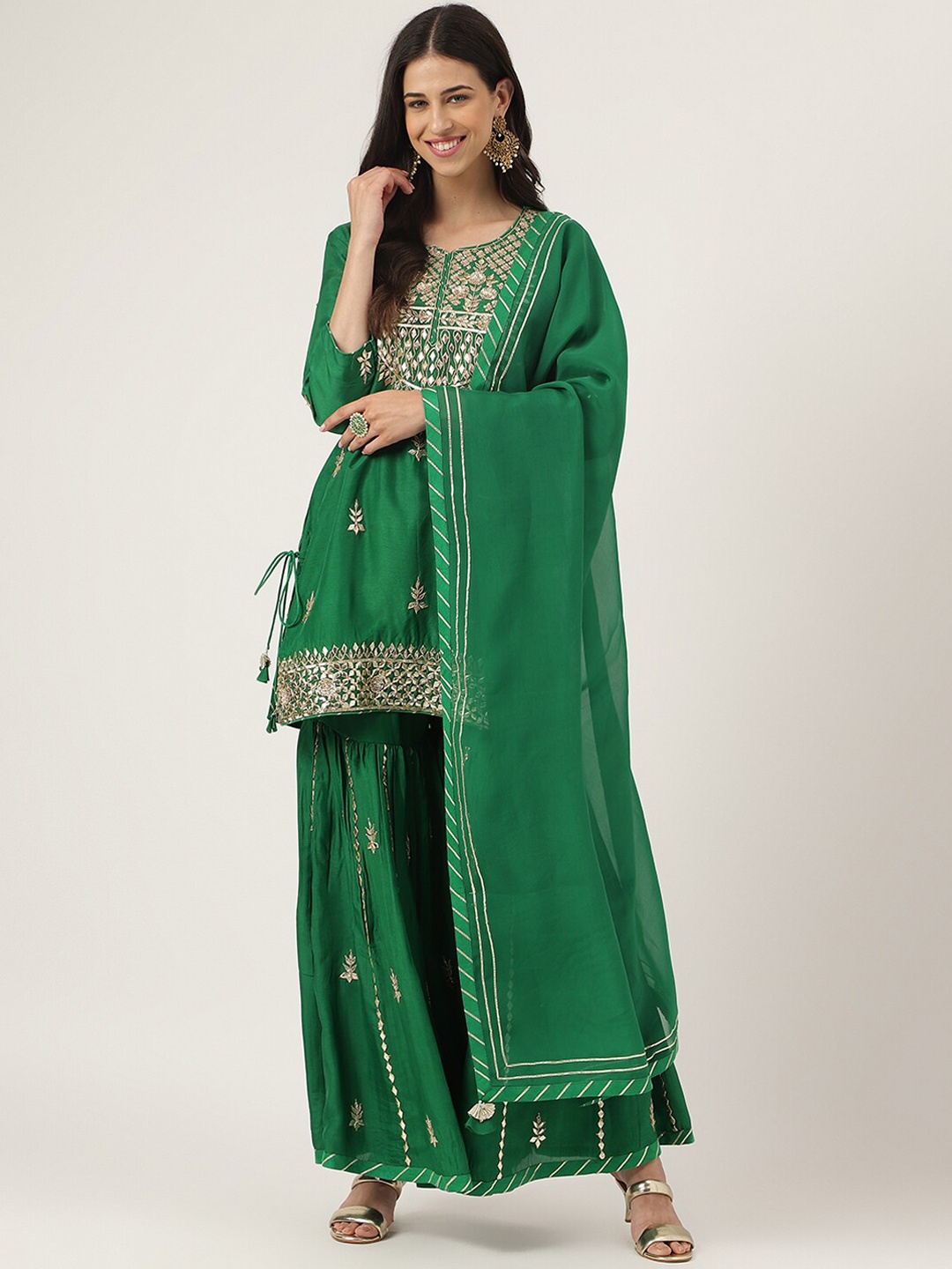 

Divena Ethnic Motifs Embroidered Gotta Patti Pure Silk Kurti With Sharara & Dupatta, Green