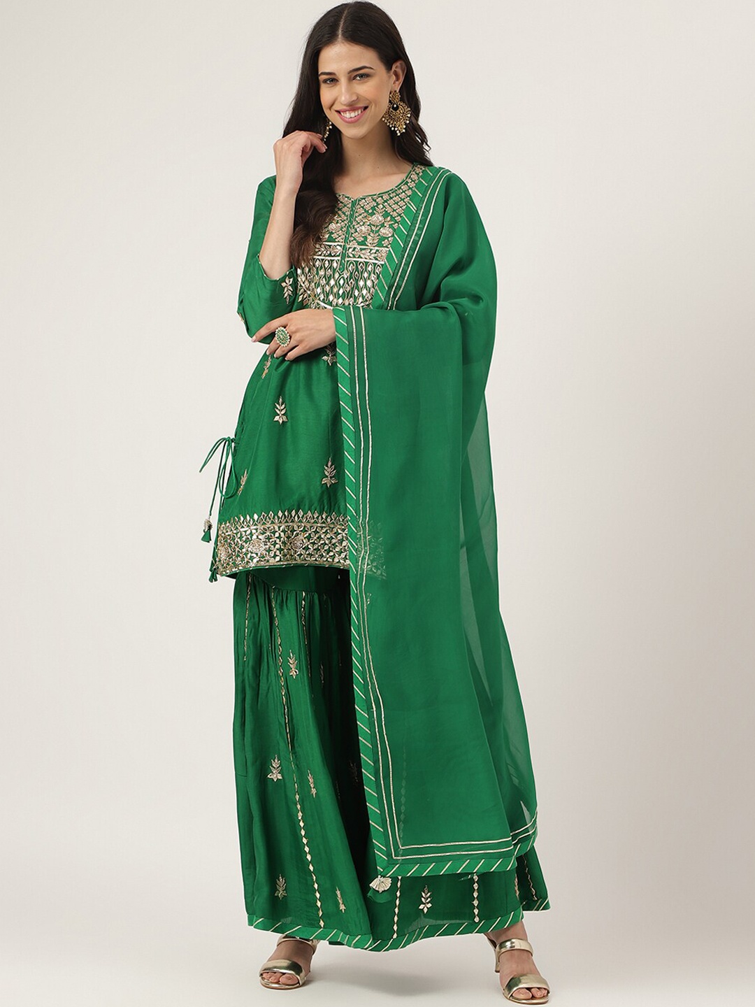 

Divena Ethnic Motifs Embroidered Gotta Patti Pure Silk Kurti With Sharara & Dupatta, Green