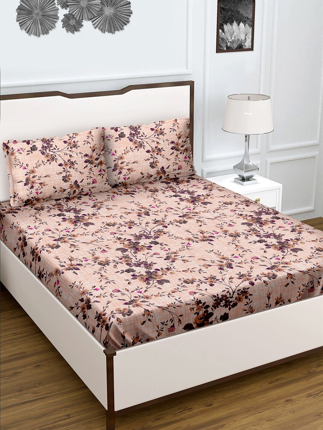 

HERE&NOW Peach & Grey Floral Printed 180 TC King Bedsheet & 2 Pillow Covers