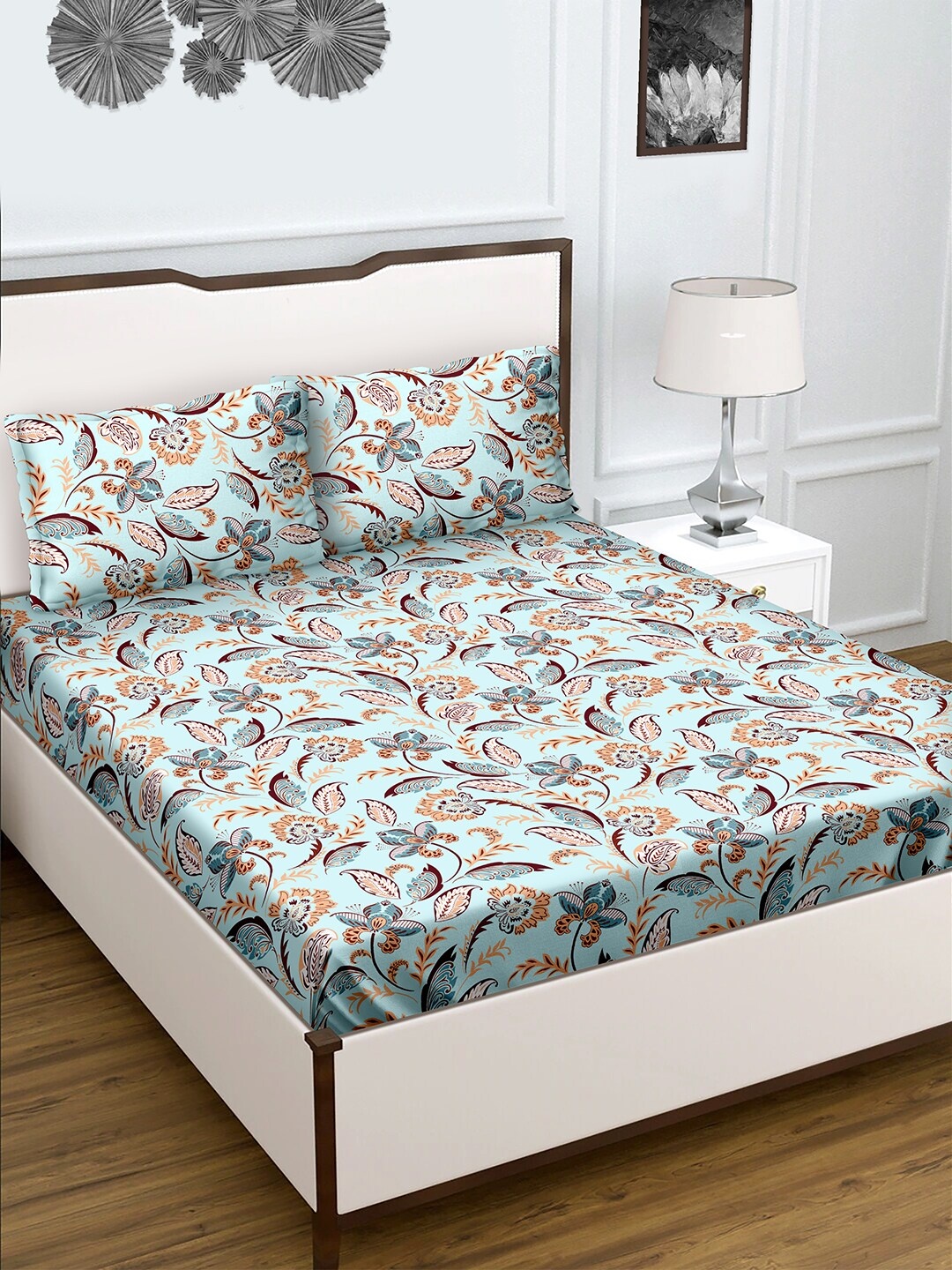 

HERE&NOW Blue & Yellow Floral Printed 180 TC King Bedsheet & 2 Pillow Covers