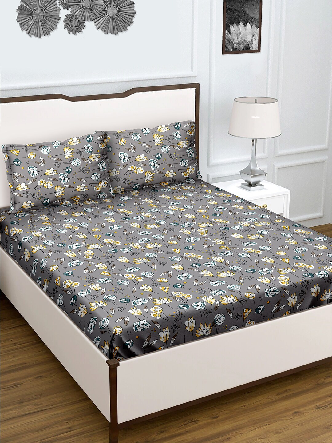 

HERE&NOW Grey & Yellow Floral Printed 180 TC King Bedsheet & 2 Pillow Covers