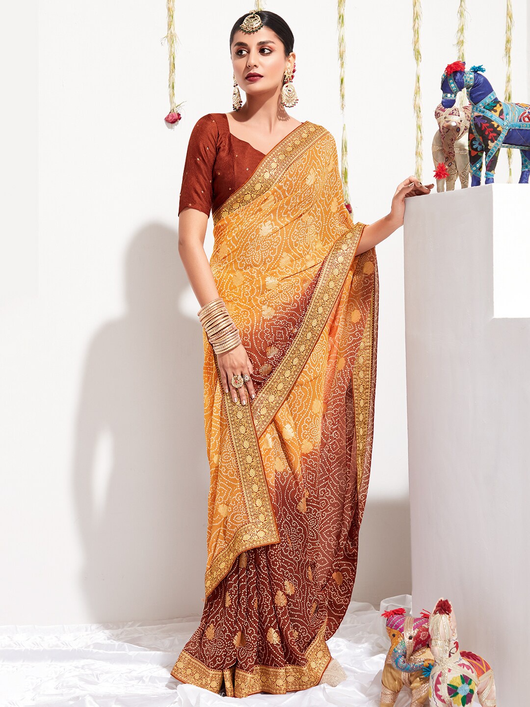 

Saree mall Beige & Coffee Brown Bandhani Printed Pure Georgette Sarees