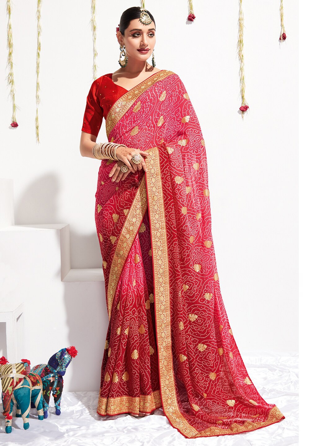 

Saree mall Pink & Gold-Toned Bandhani Printed Zari Pure Georgette Sarees