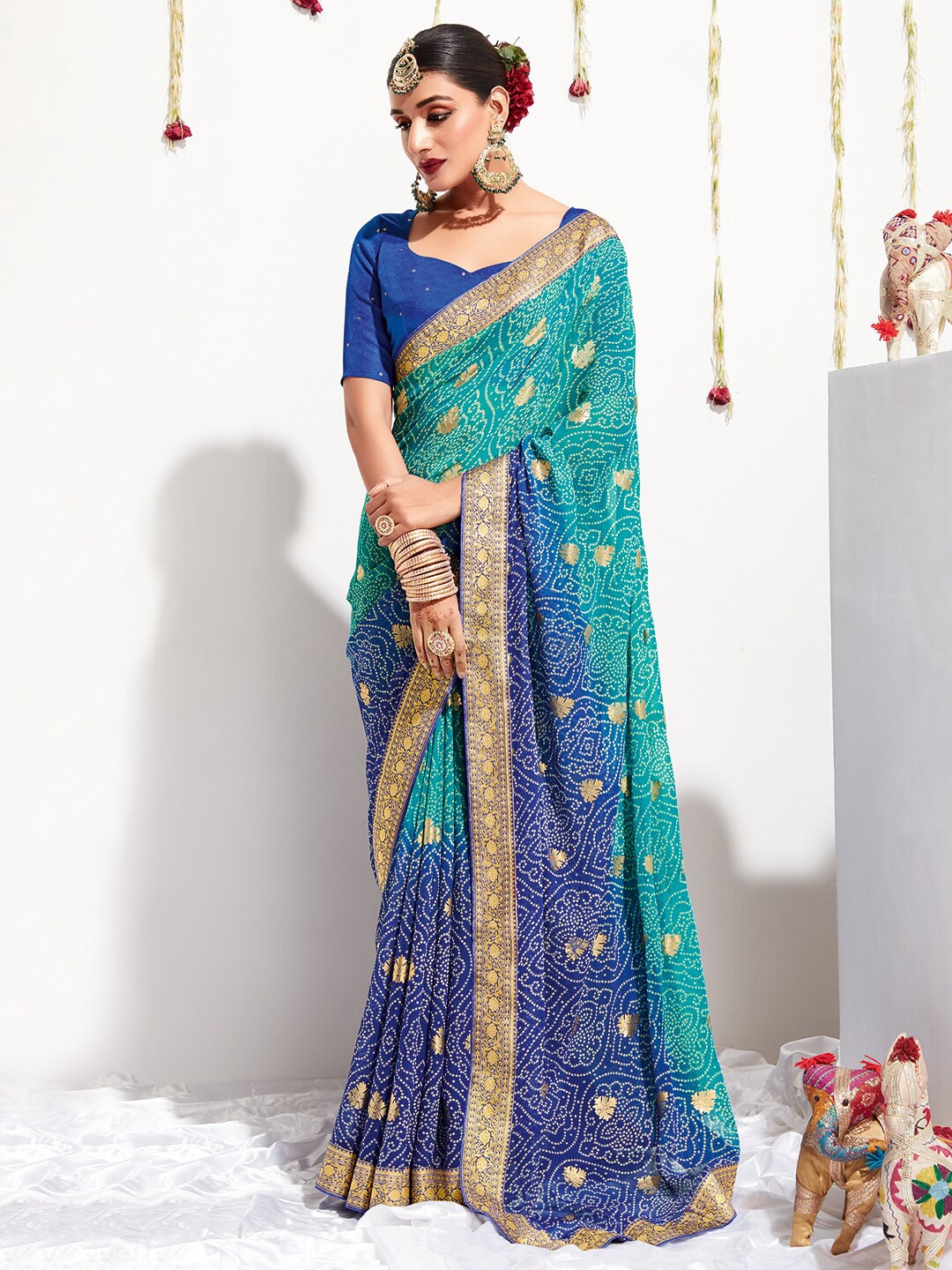 

Saree mall Blue & Teal Green Bandhani Printed Pure Georgette Sarees