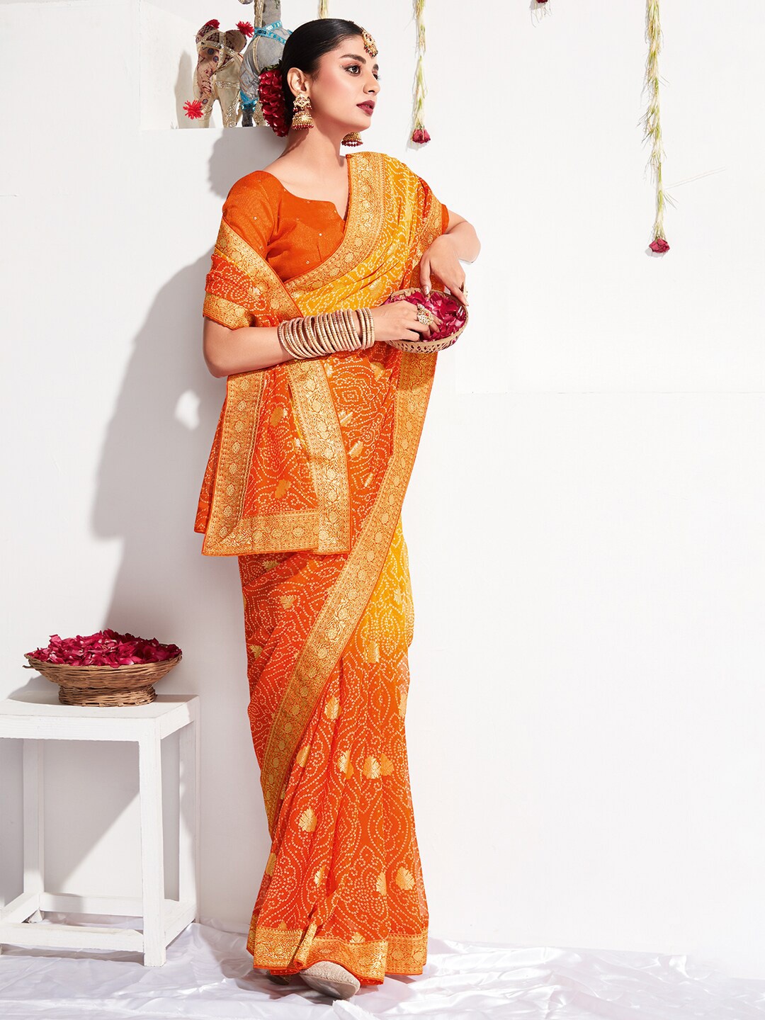 

Saree mall Yellow & Orange Bandhani Printed Zari Pure Georgette Sarees