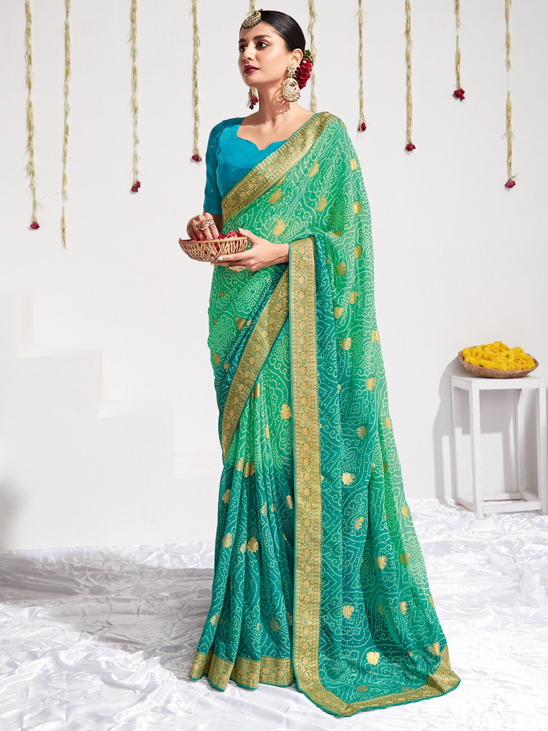 

Saree mall Sea Green & Teal Blue Bandhani Printed Zari Pure Georgette Sarees