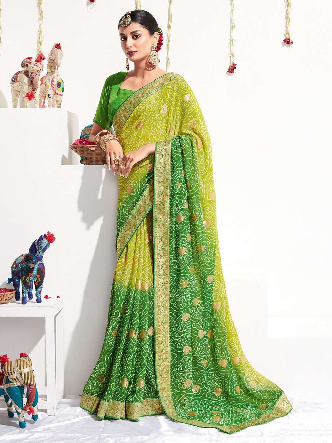 

Saree mall Green & Gold-Toned Bandhani Printed Zari Pure Georgette Sarees