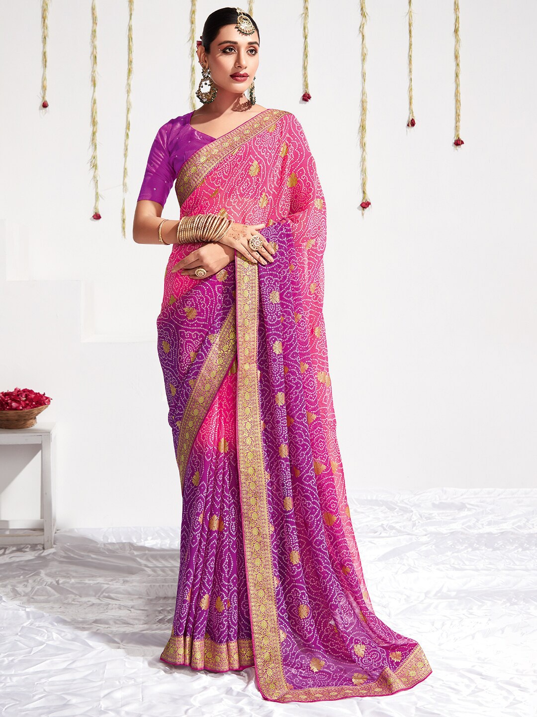

Saree mall Pink & Purple Bandhani Printed Zari Pure Georgette Sarees