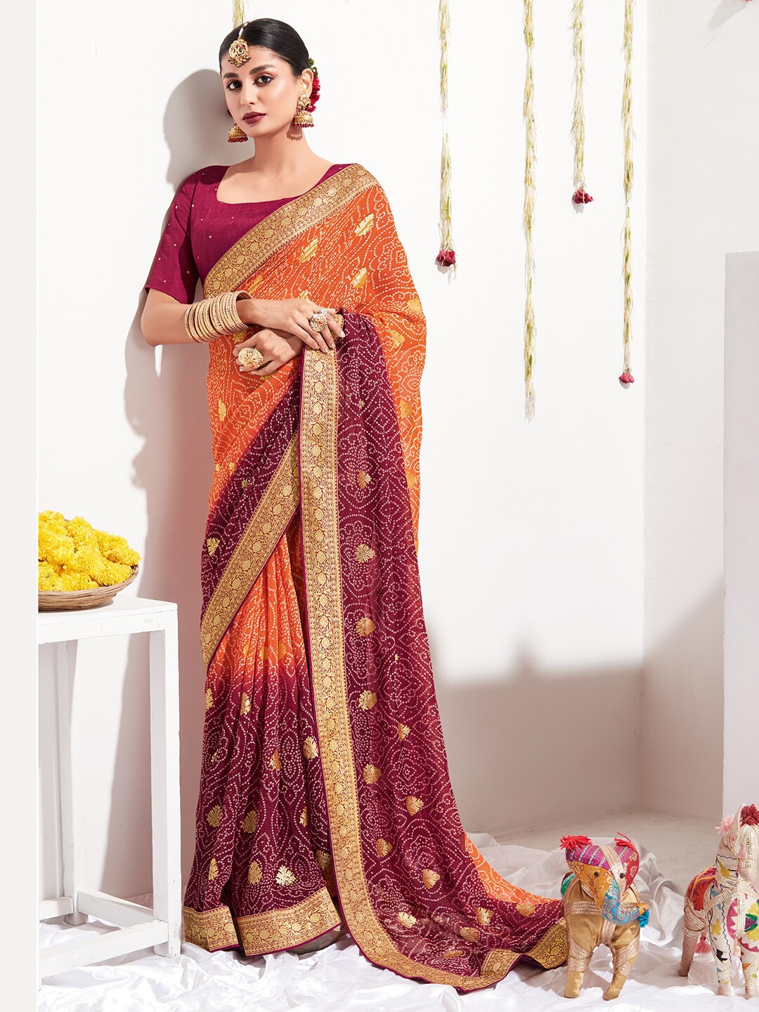 

Saree mall Orange & Maroon Bandhani Printed Zari Pure Georgette Sarees