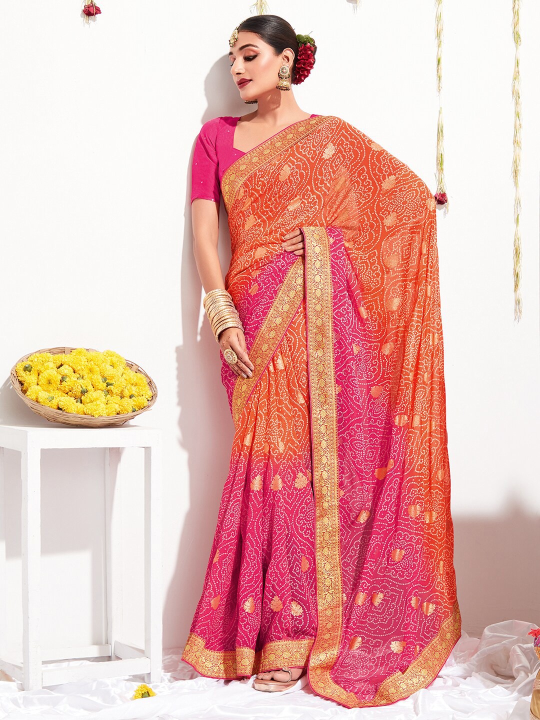 

Saree mall Orange & Pink Bandhani Printed Zari Pure Georgette Sarees