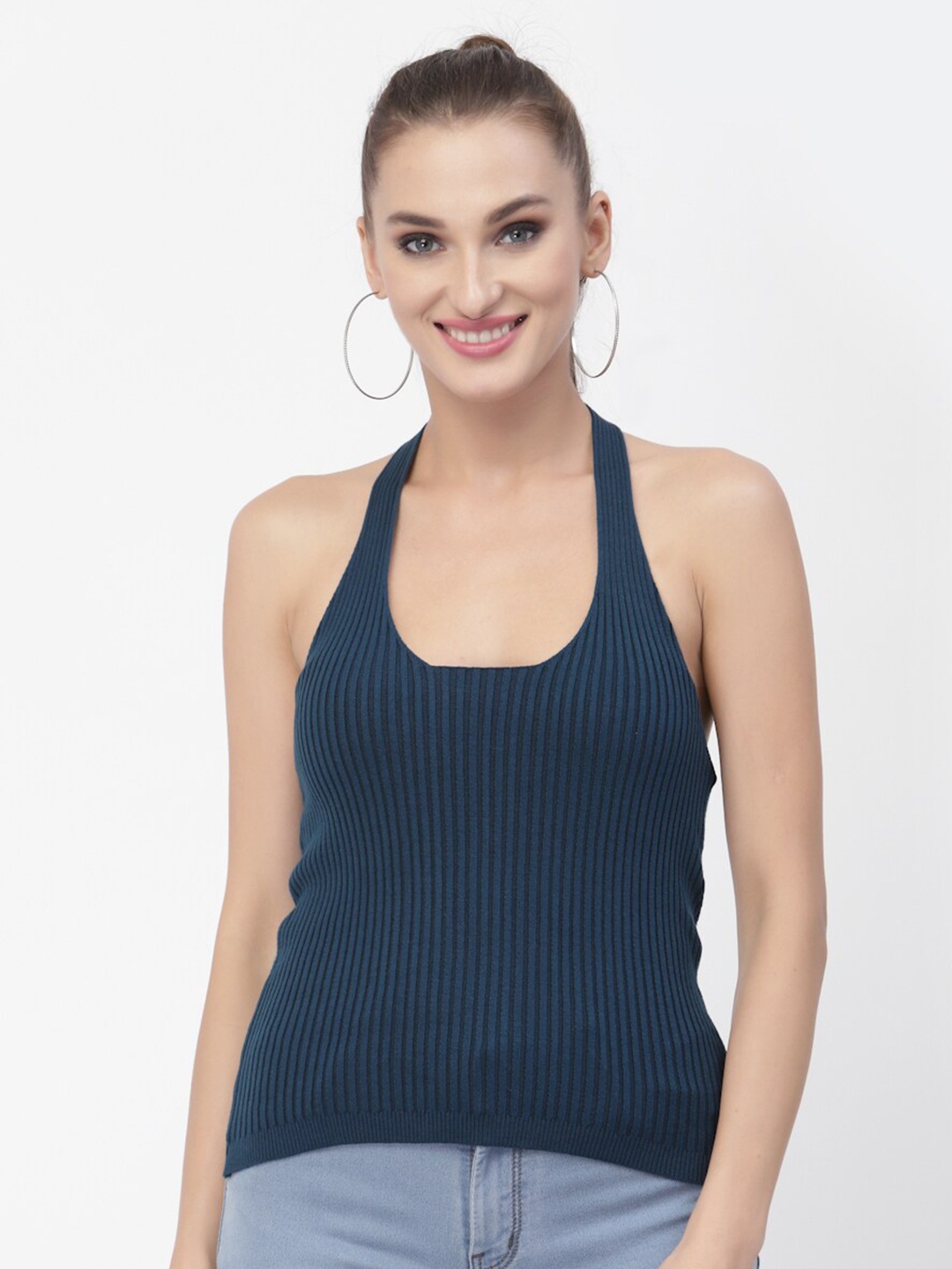 

Kalt Halter Neck Striped Cotton Tank Top, Teal