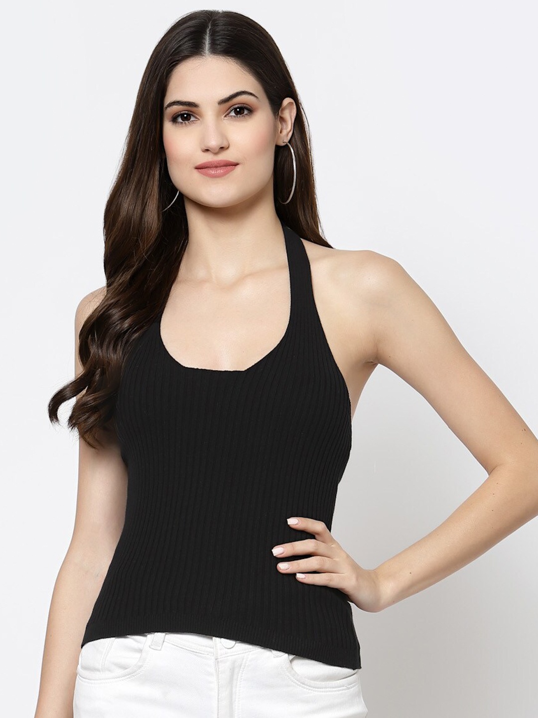 

Kalt Halter Neck Striped Cotton Tank Top, Black