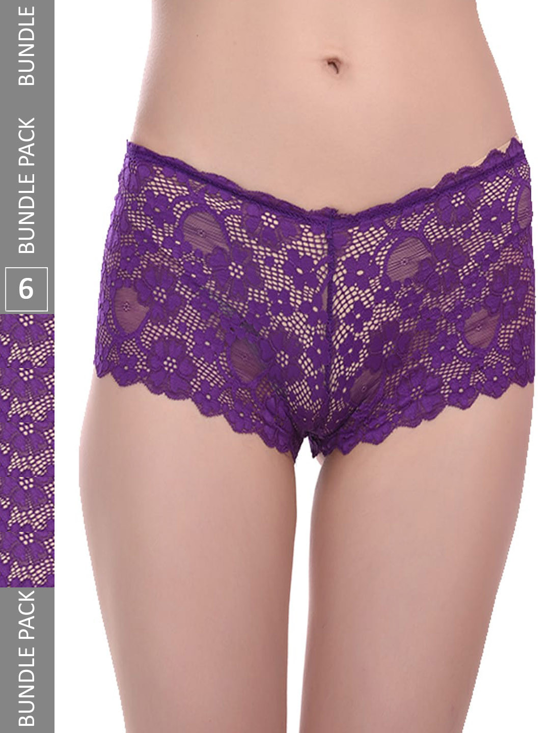 

Fleurt Pack Of 6 Floral Self Design Mid Rise Lace Boy Shorts, Purple
