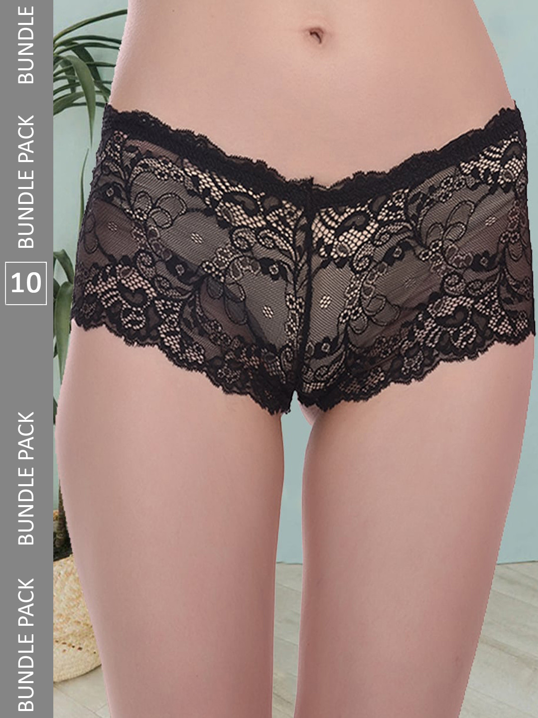 

Fleurt Women Pack Of 10 Self Design Lace Boy Shorts Briefs, Black