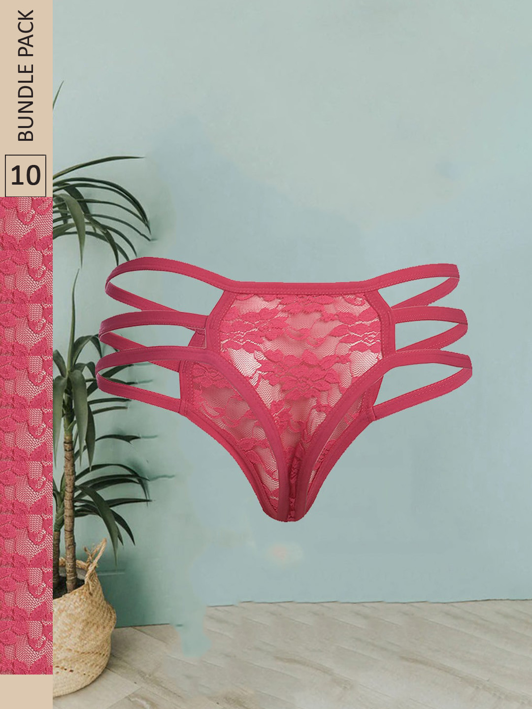 

Fleurt Pack Of 10 Floral Self Design Mid Rise Lace Thongs, Pink