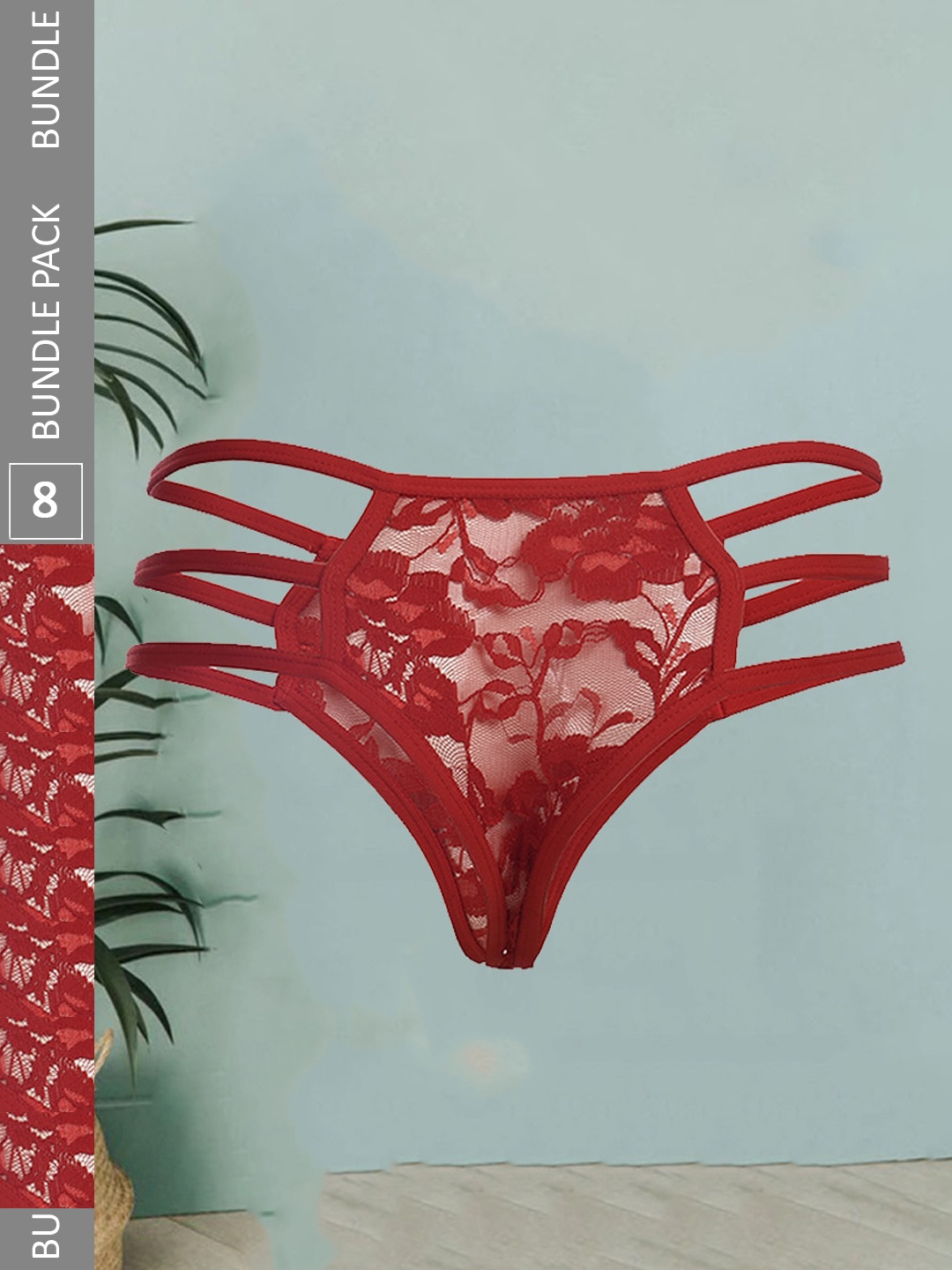 

Fleurt Pack Of 8 Floral Self Design Mid Rise Lace Thongs, Red