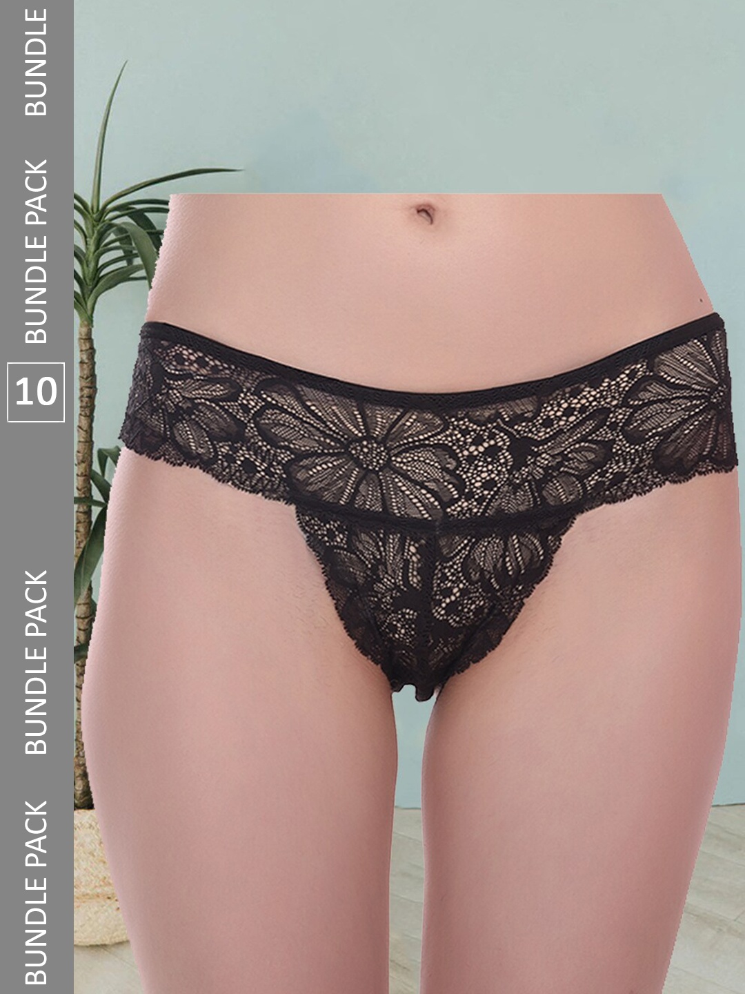 

Fleurt Women Pack Of 10 Self Design Lace Bikini Briefs, Black