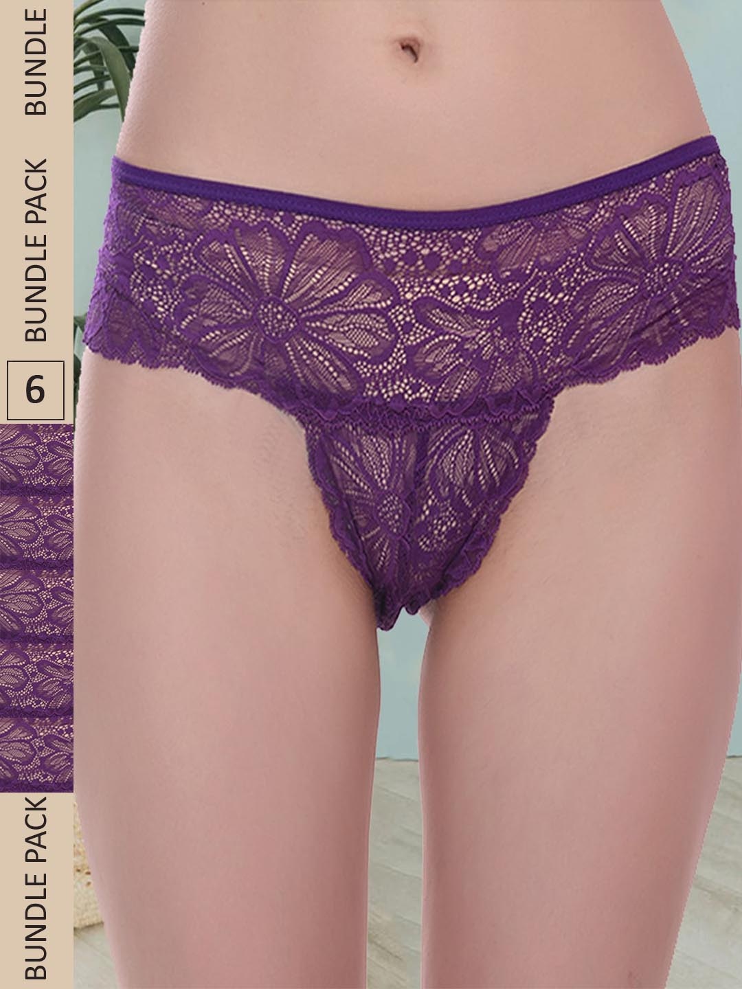 

Fleurt Women Pack Of 6 Self Design Lace Bikini Briefs, Purple