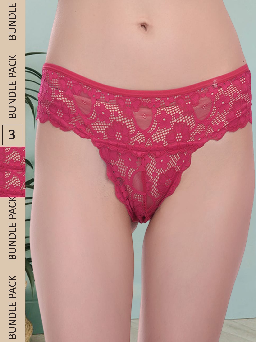 

Fleurt Women Pack Of 3 Assorted Self Design Lace Bikini Briefs