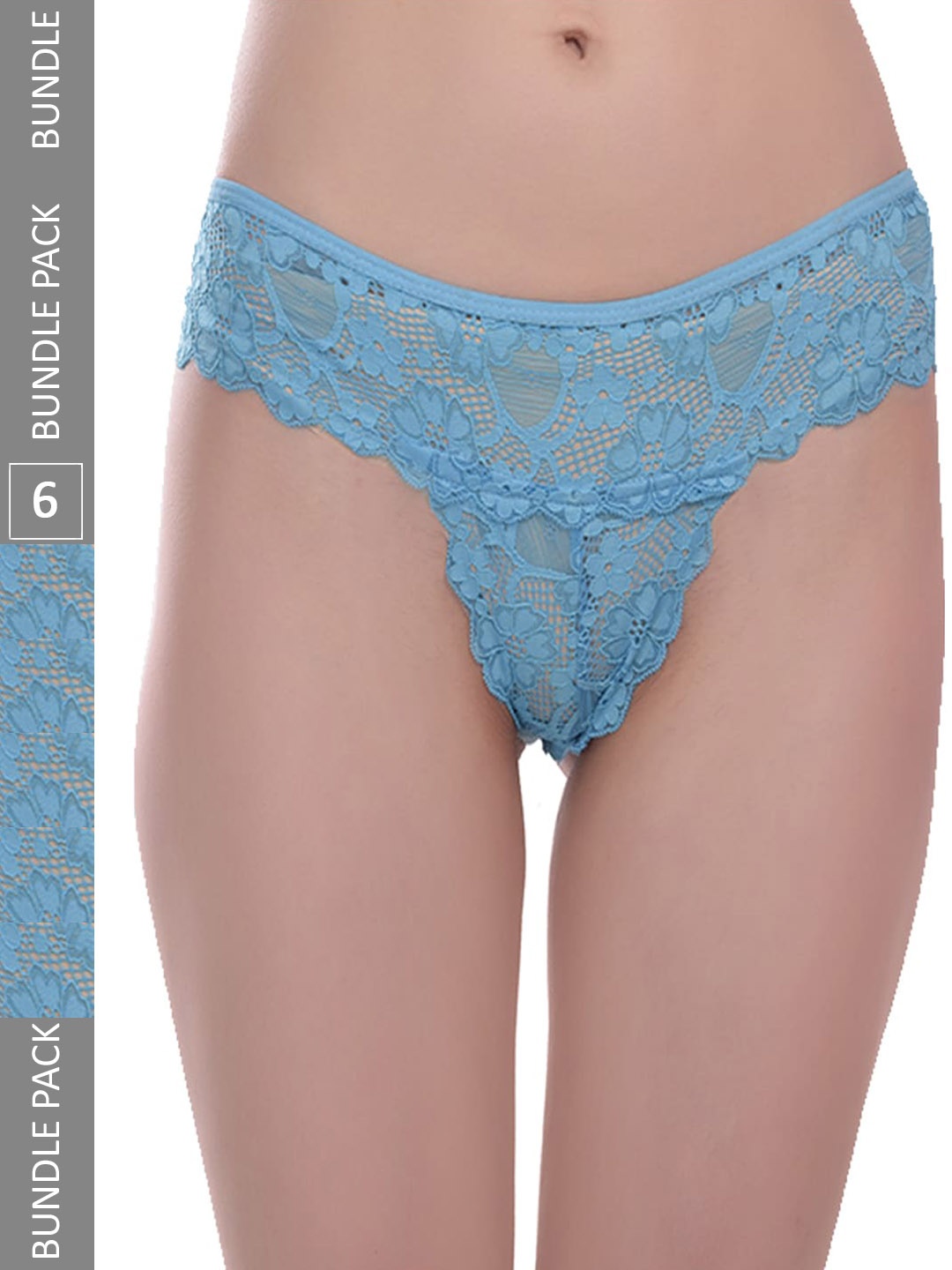 

Fleurt Women Pack Of 6 Self Design Lace Bikini Briefs, Turquoise blue