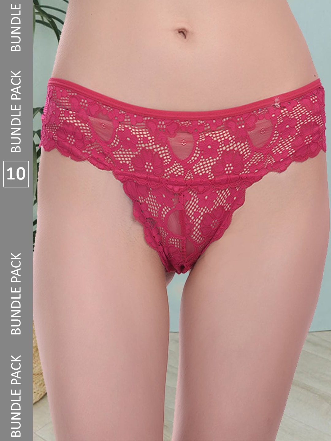 

Fleurt Women Pack Of 10 Assorted Self Design Lace Bikini Briefs