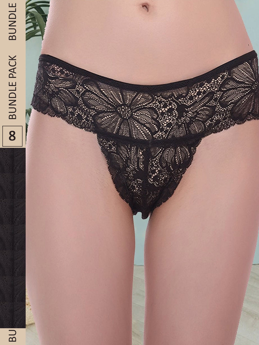 

Fleurt Pack Of 8 Floral Self Design Mid Rise Lace Bikini, Black