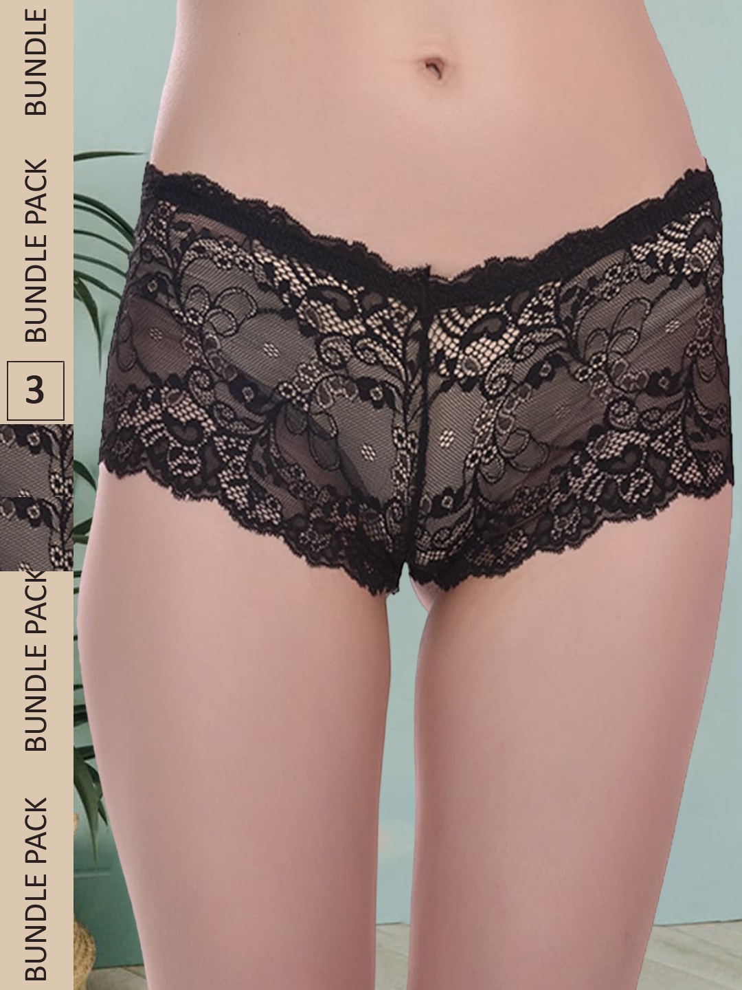

Fleurt Women Pack Of 3 Assorted Self Design Lace Boy Shorts Briefs