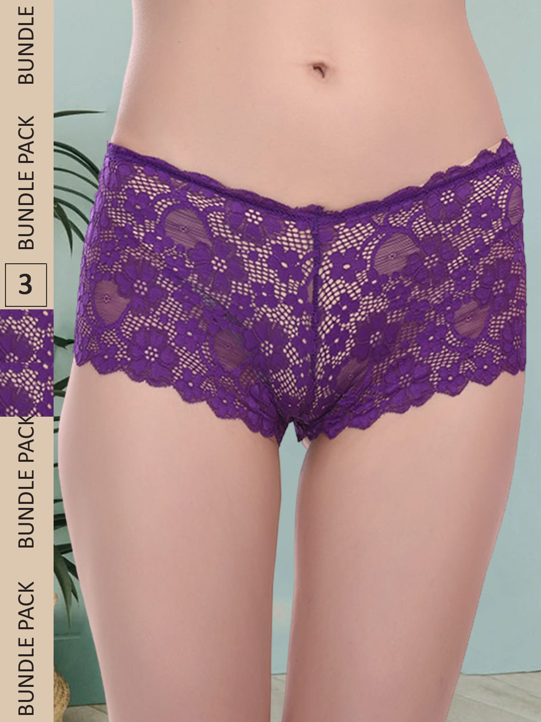 

Fleurt Pack Of 3 Floral Self Design Mid Rise Lace Boy Shorts, Purple