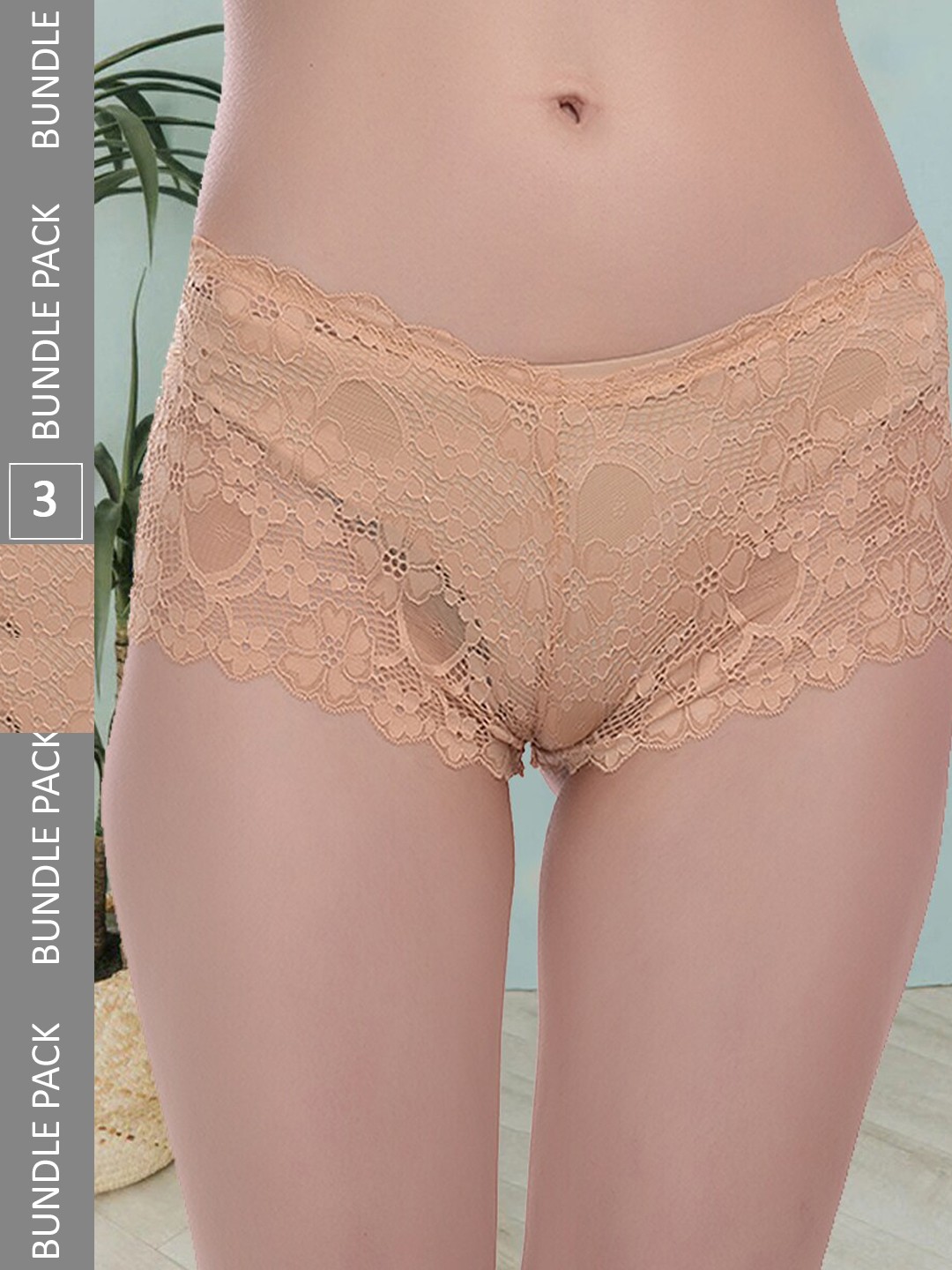 

Fleurt Pack Of 3 Floral Self Design Mid Rise Lace Boy Shorts, Gold