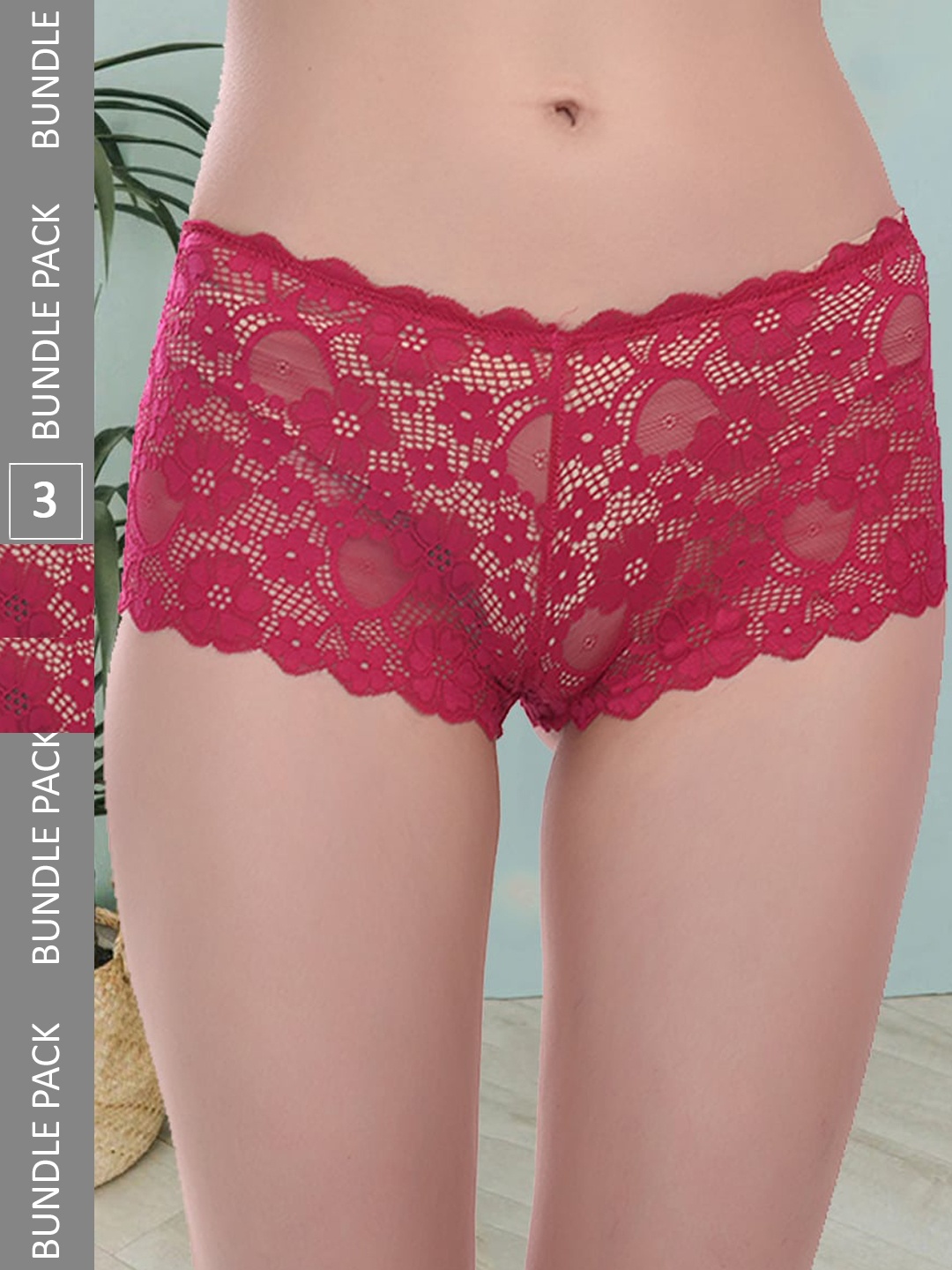 

Fleurt Women Pack Of 3 Assorted Self Design Boy Shorts Briefs, Pink