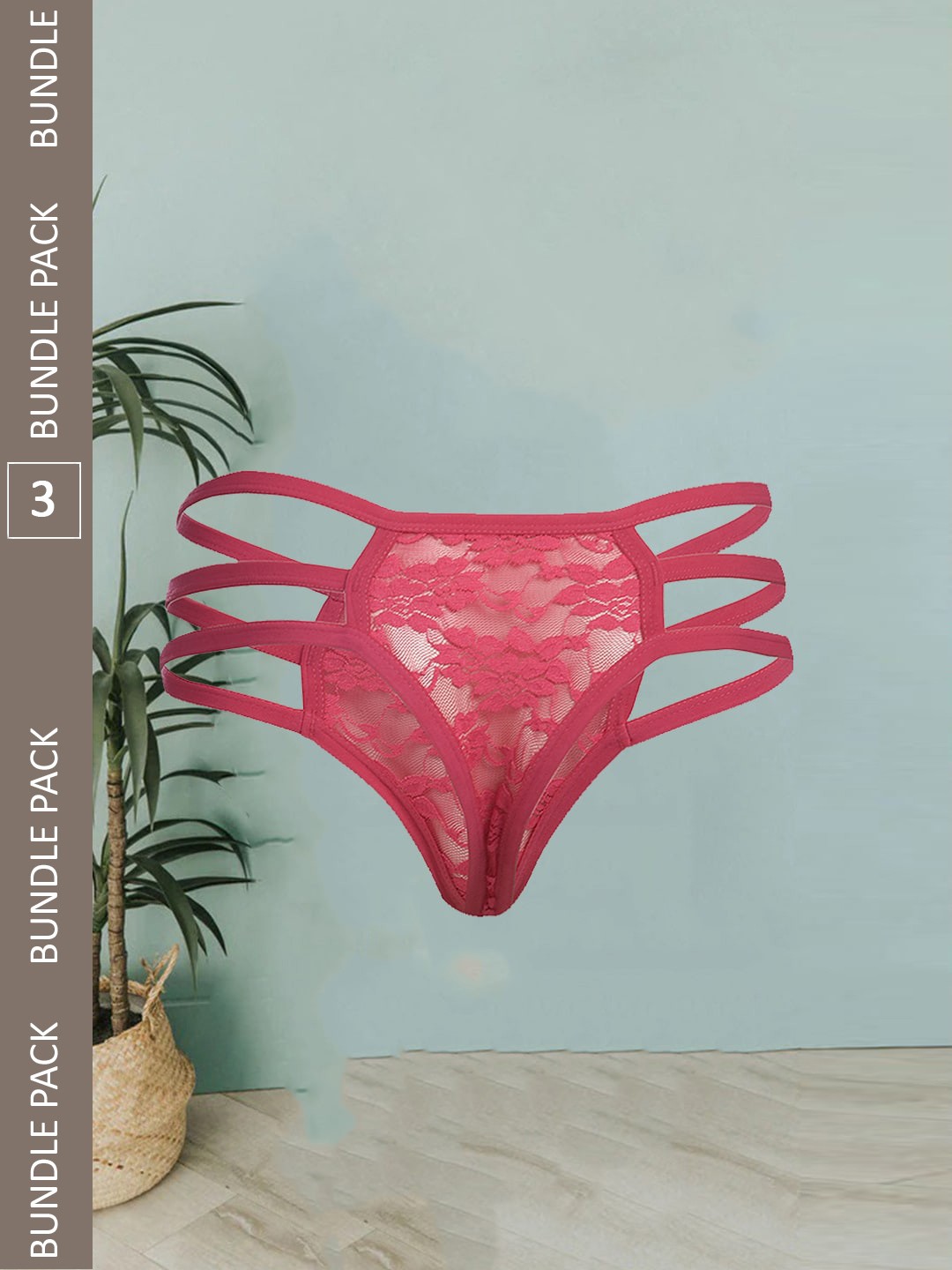 

Fleurt Women Pack Of 3 Self-Design Mid-Rise Thongs Briefs, Pink