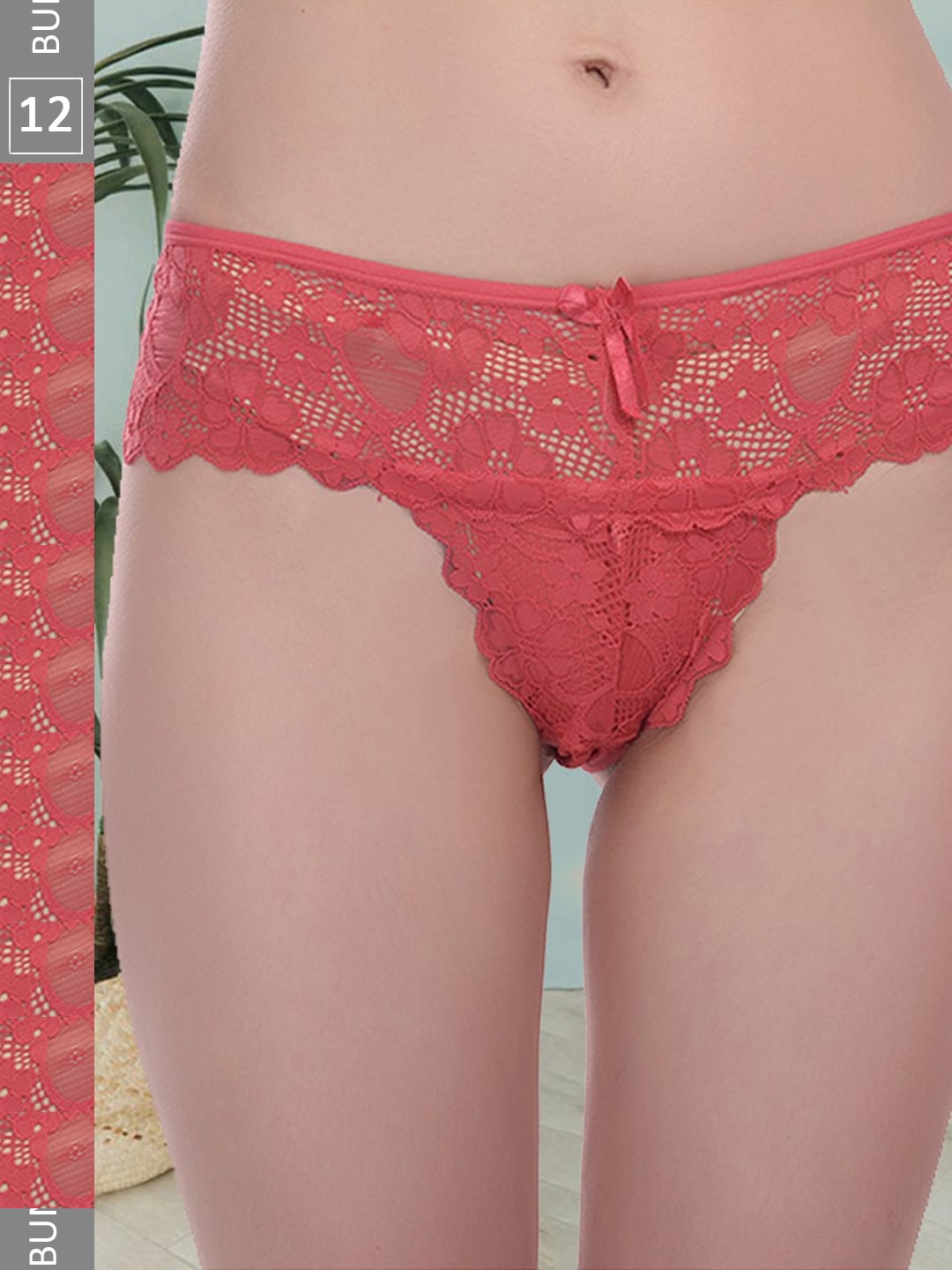 

Fleurt Women Pack Of 12 Self Design Lace Bikini Briefs, Pink