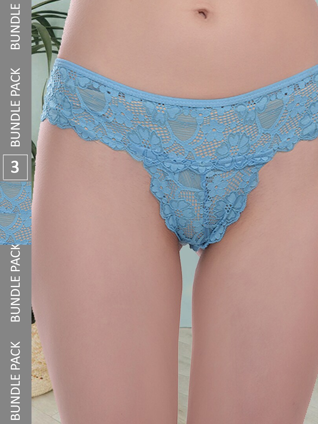 

Fleurt Women Pack Of 3 Self Design Lace Bikini Briefs, Turquoise blue