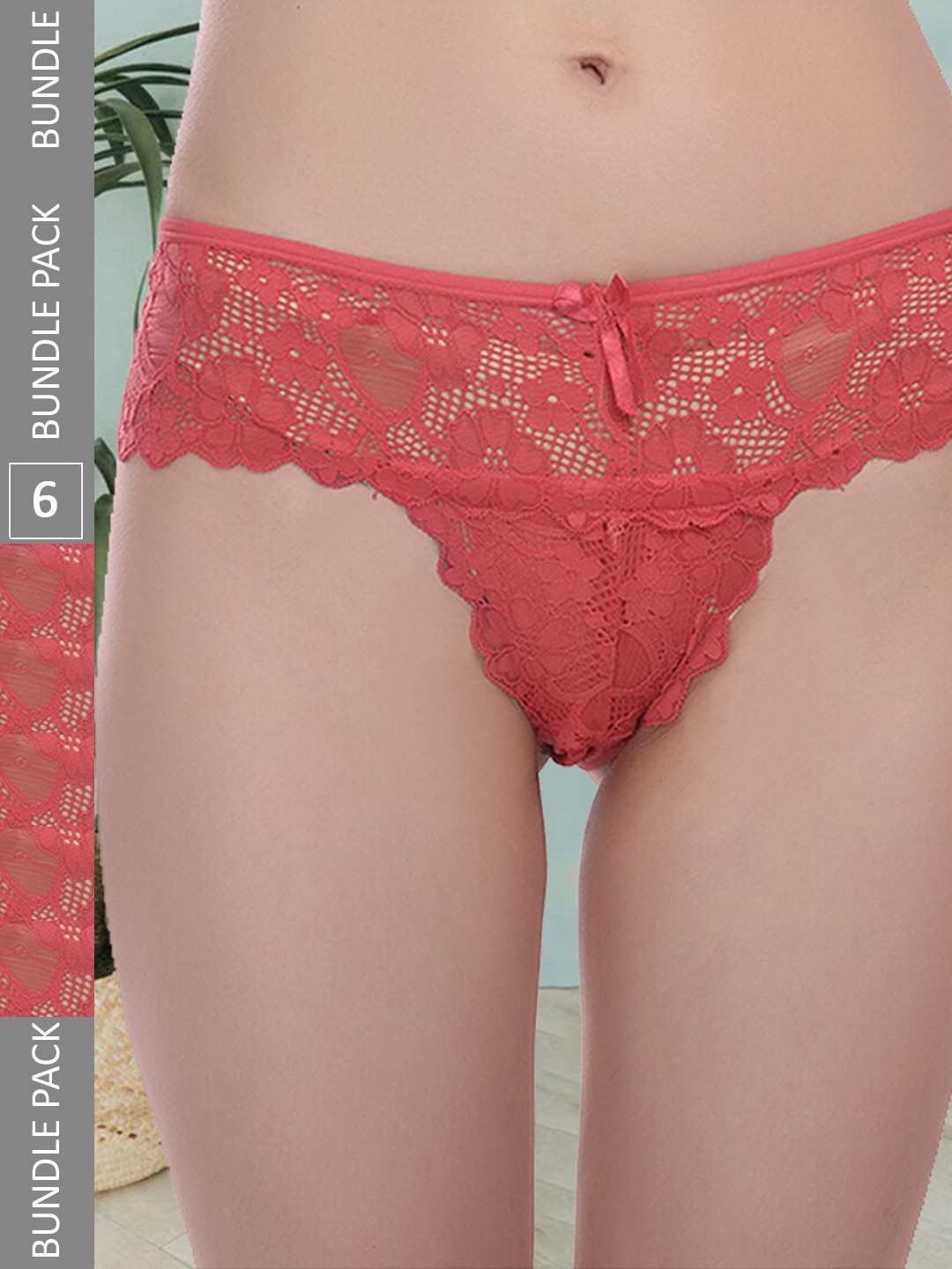 

Fleurt Women Pack Of 6 Self Design Lace Bikini Briefs, Pink