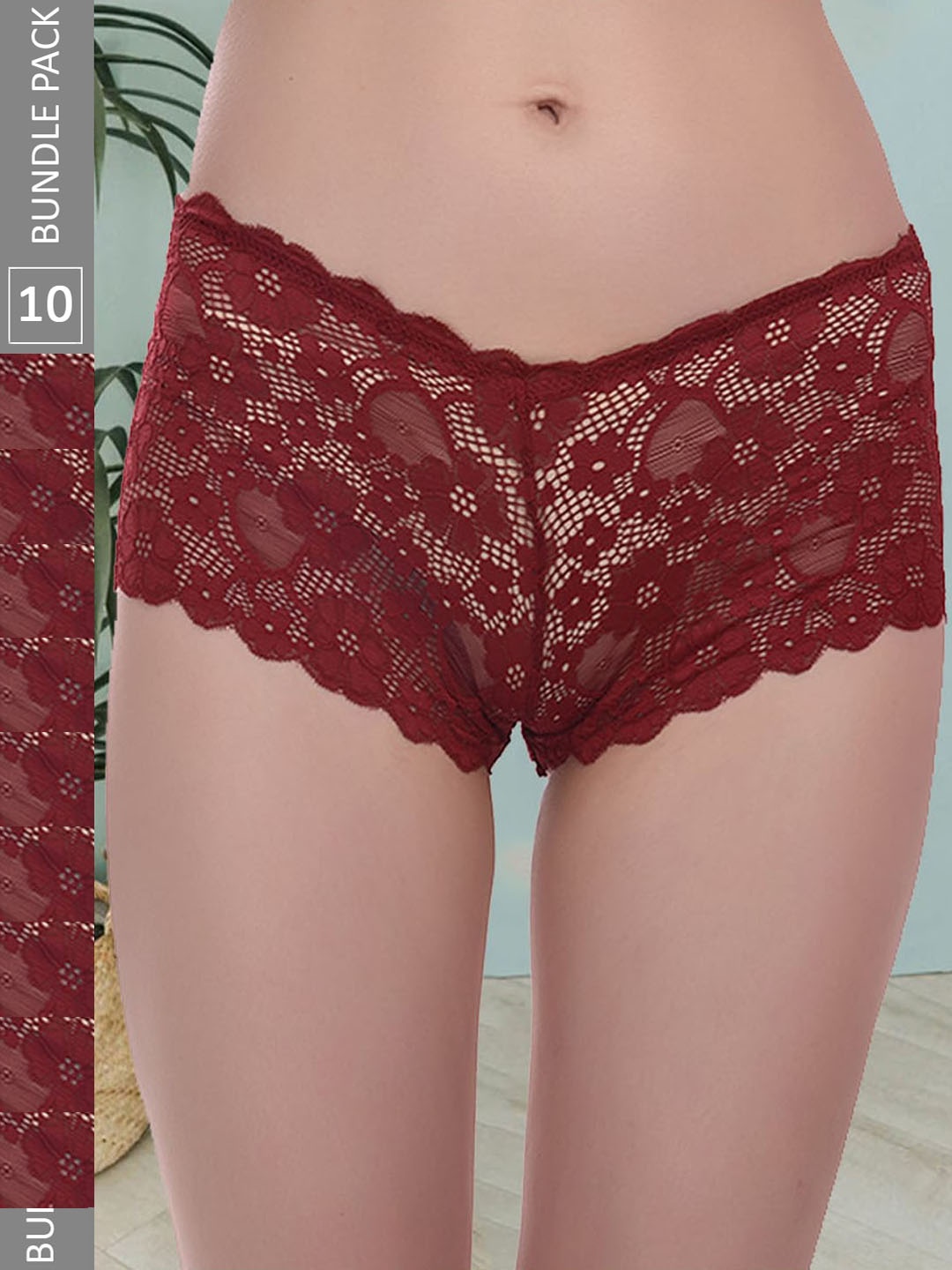 

Fleurt Pack Of 10 Floral Self Design Mid Rise Lace Boy Shorts, Maroon